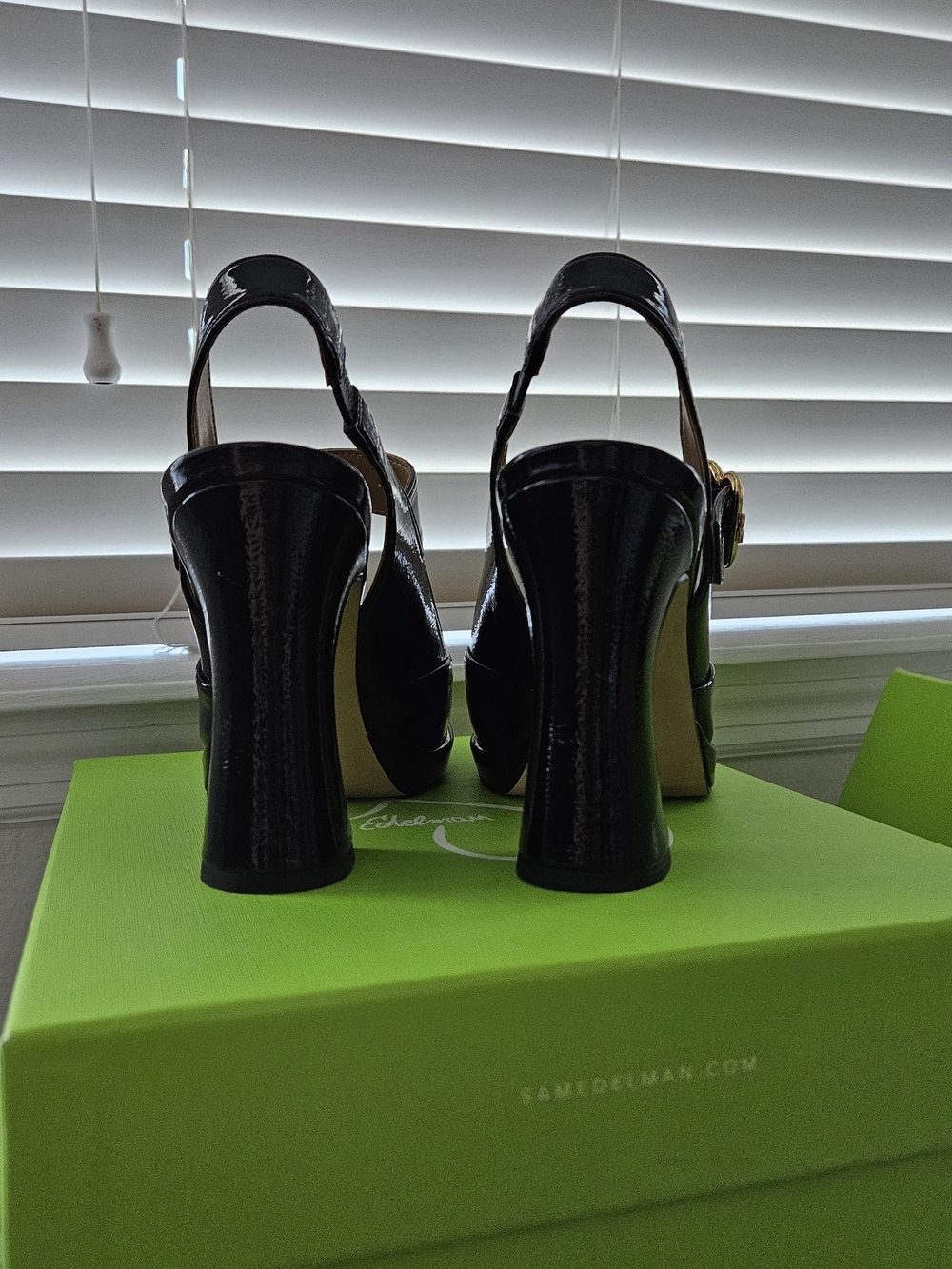 Sam Edelman Black Patent Mary Jane Slingback Heels with Gold Buckle Accent - Picture 6 of 6